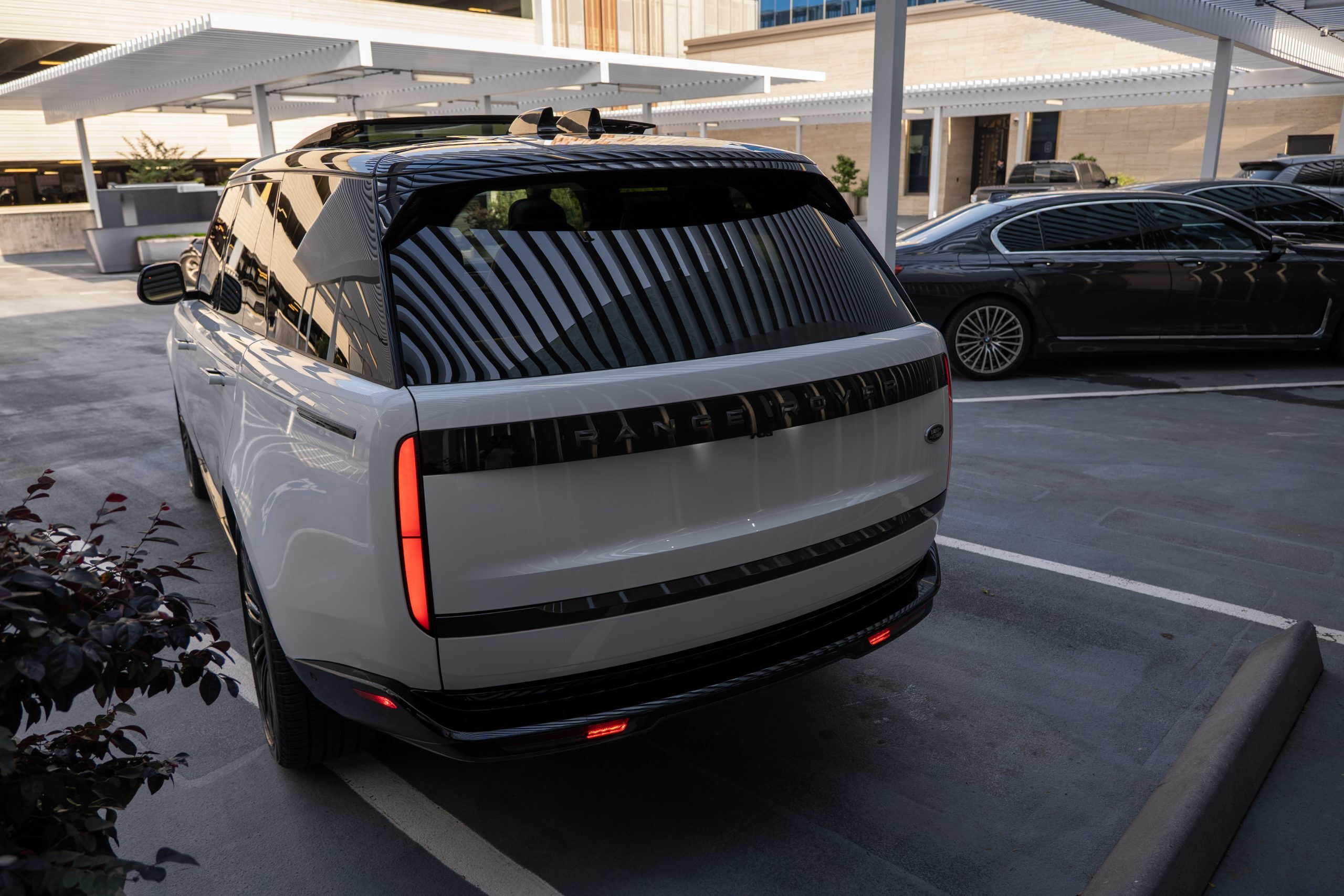 Rear exterior shot of white Range Rover