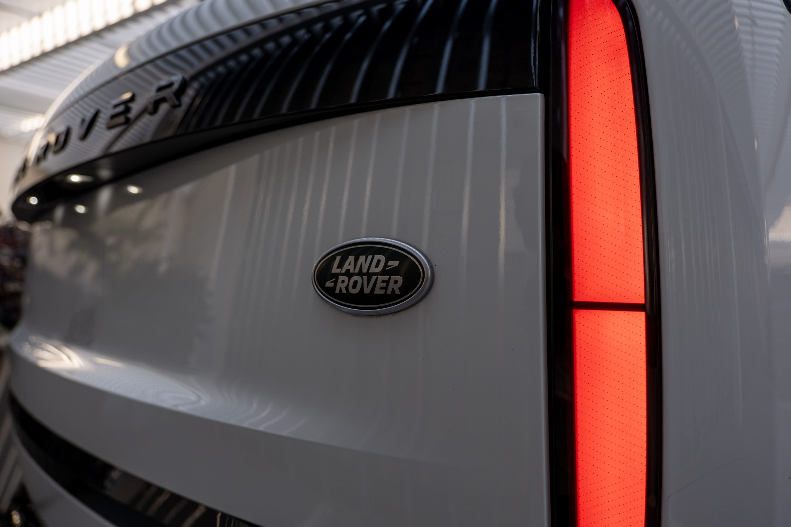 Close-up of taillight and Land Rover emblem