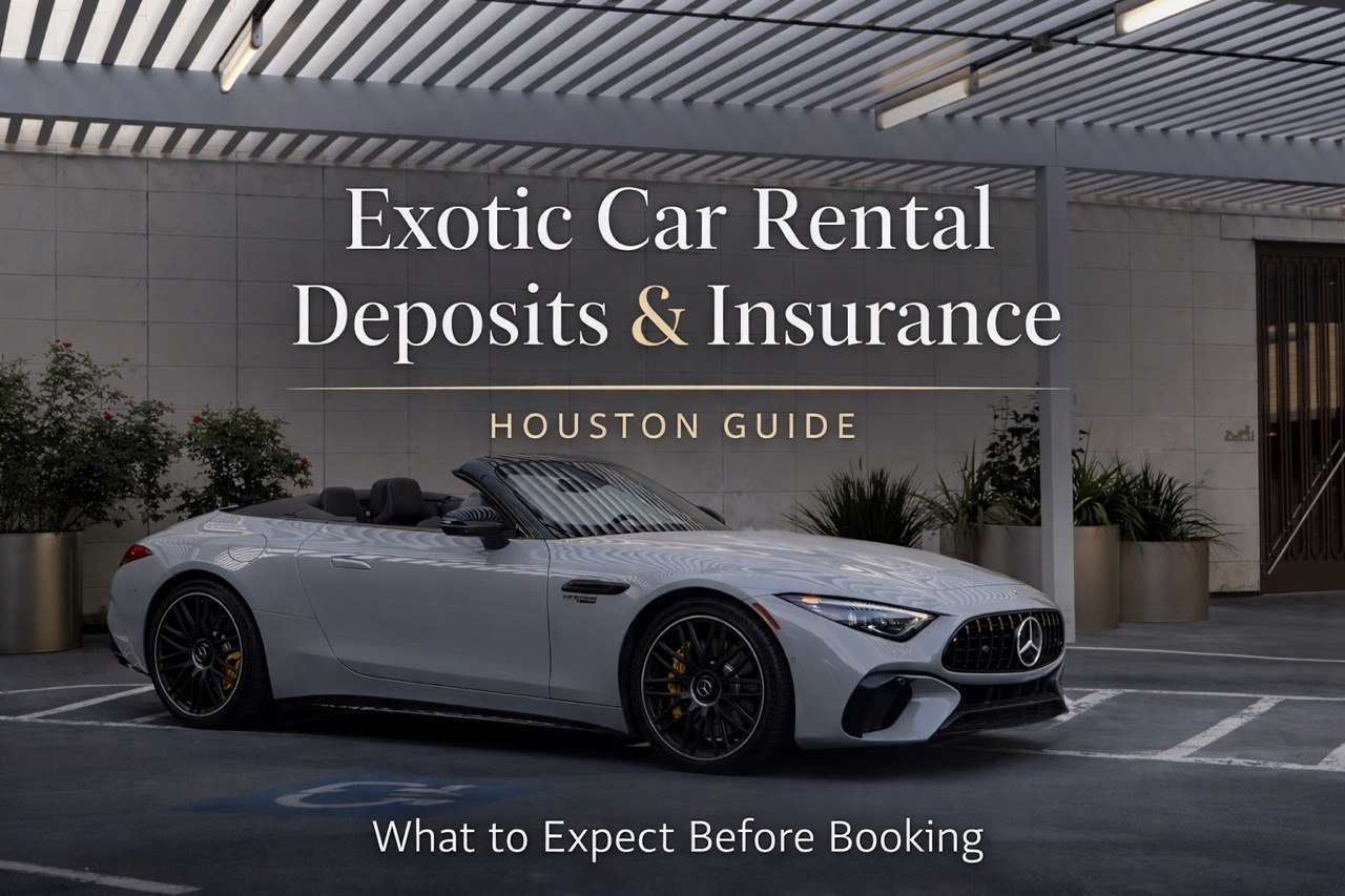 Exotic car rental deposits and insurance guide in Houston featuring a Rolls-Royce with city skyline